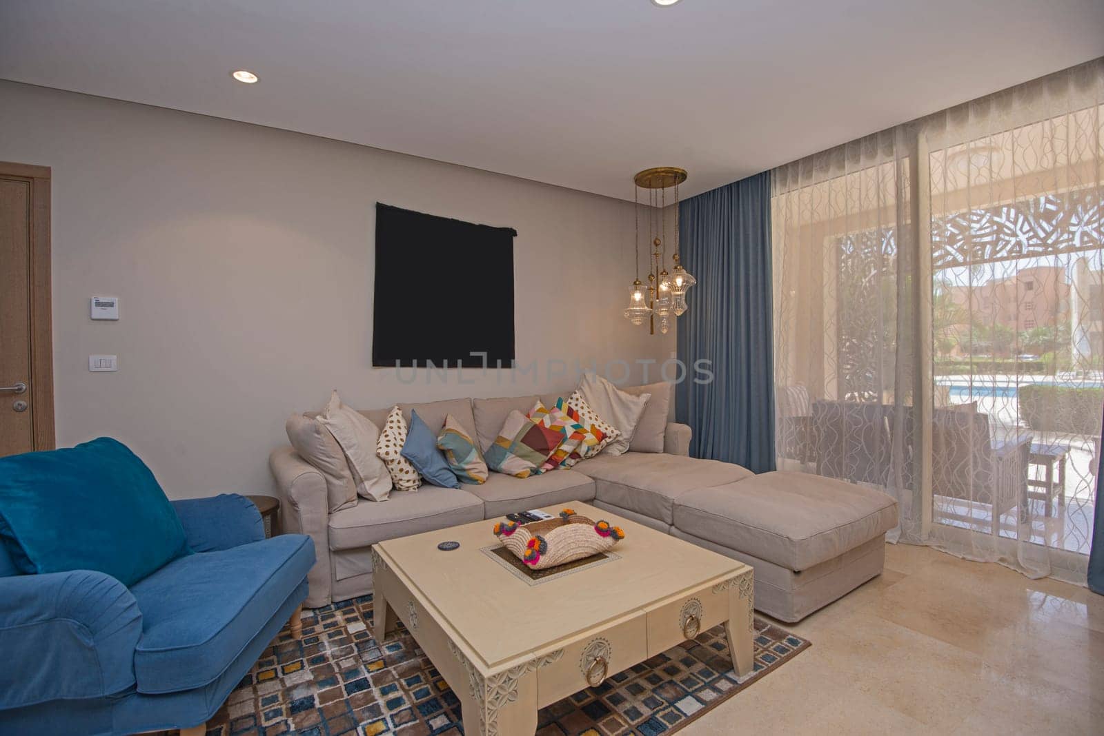 Interior design of luxury apartment living room with patio by paulvinten