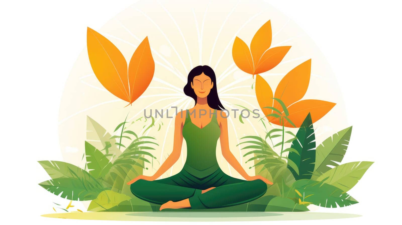 Holistic wellness cartoon illustration - AI generated. Woman, yoga, lotus, pose, plant.