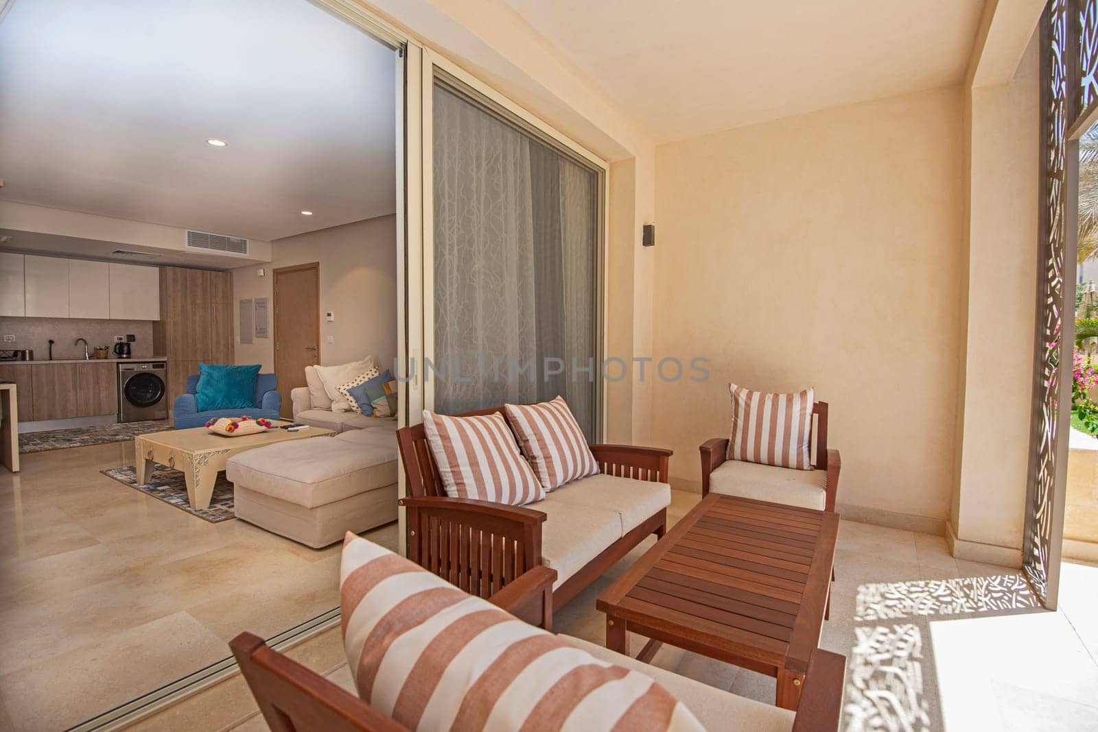 Interior design of luxury apartment living room with patio by paulvinten