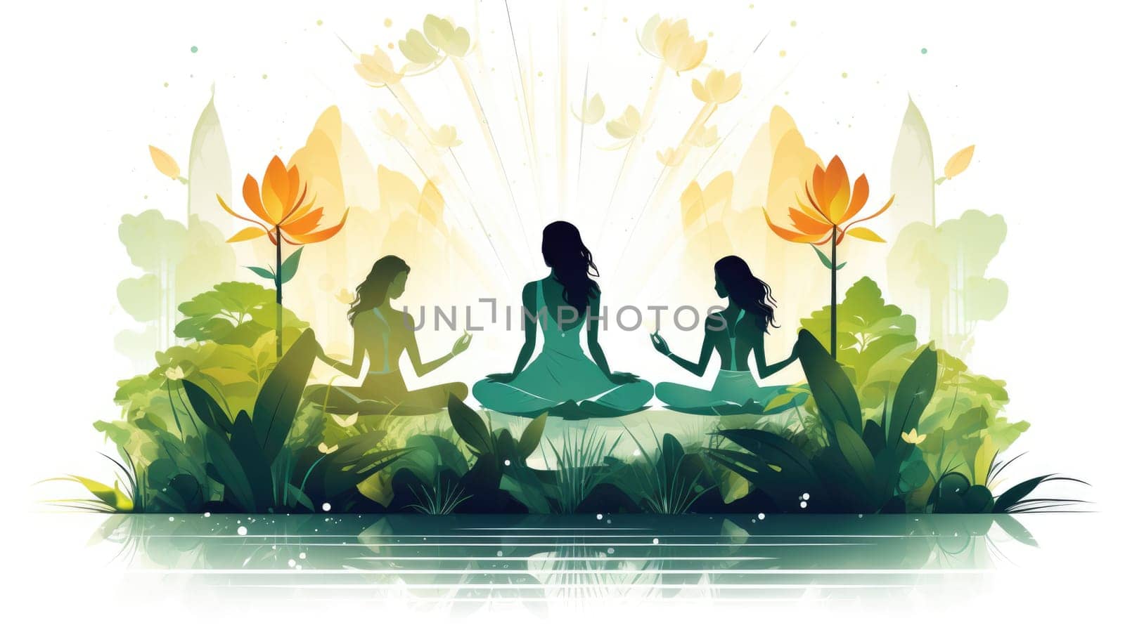 Meditation oasis cartoon illustration - Generative AI. Woman, yoga, lotus, plants. by simakovavector