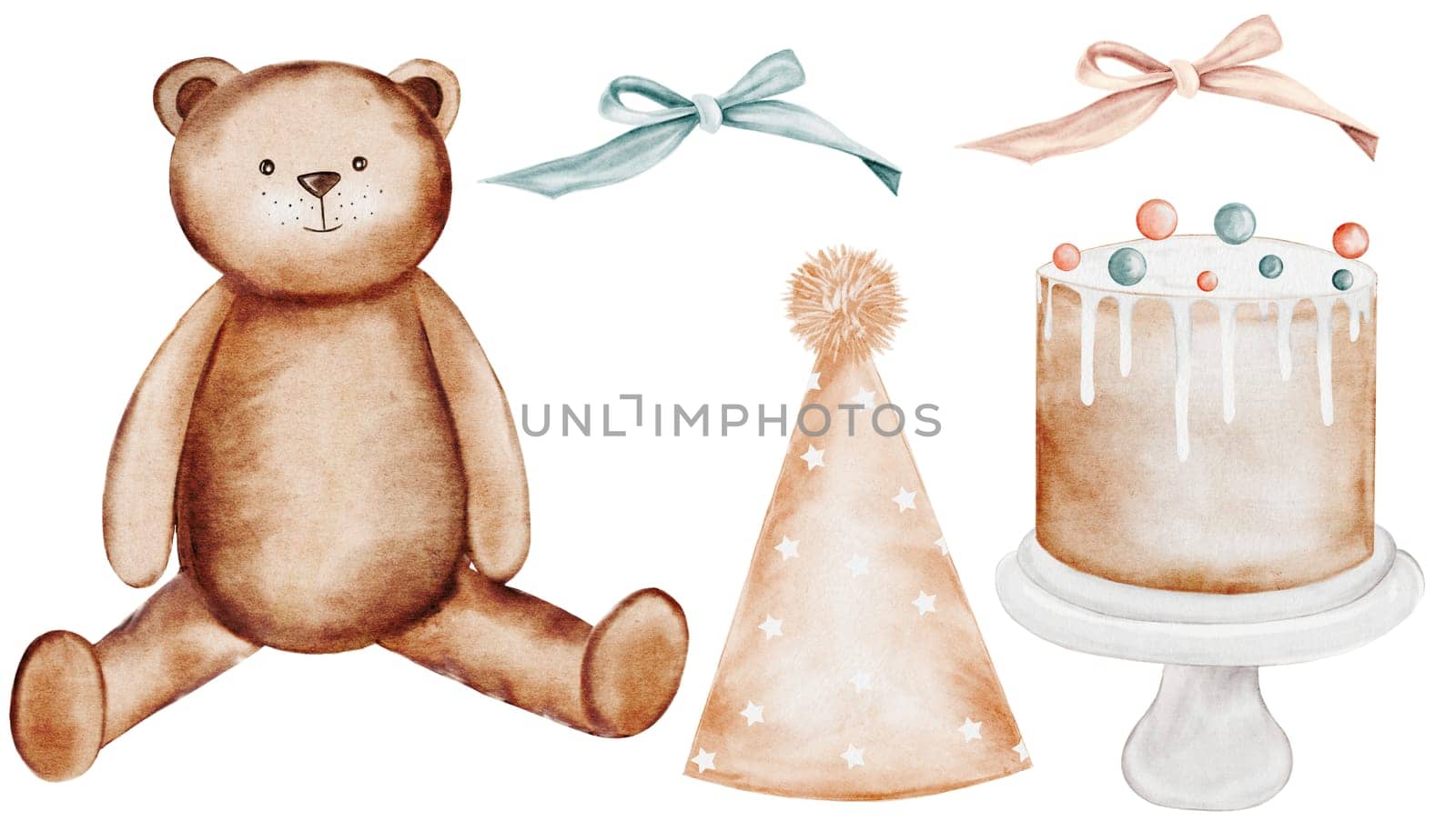 Happy Birthday Watercolor set. Hand drawn festive elements teddy bear, cake on stand, cap and bows. Clip art isolated on white background in neutral colors. Ideal for cards, invitations and birthday and baby shower decorations. Illustration for party. High quality illustration