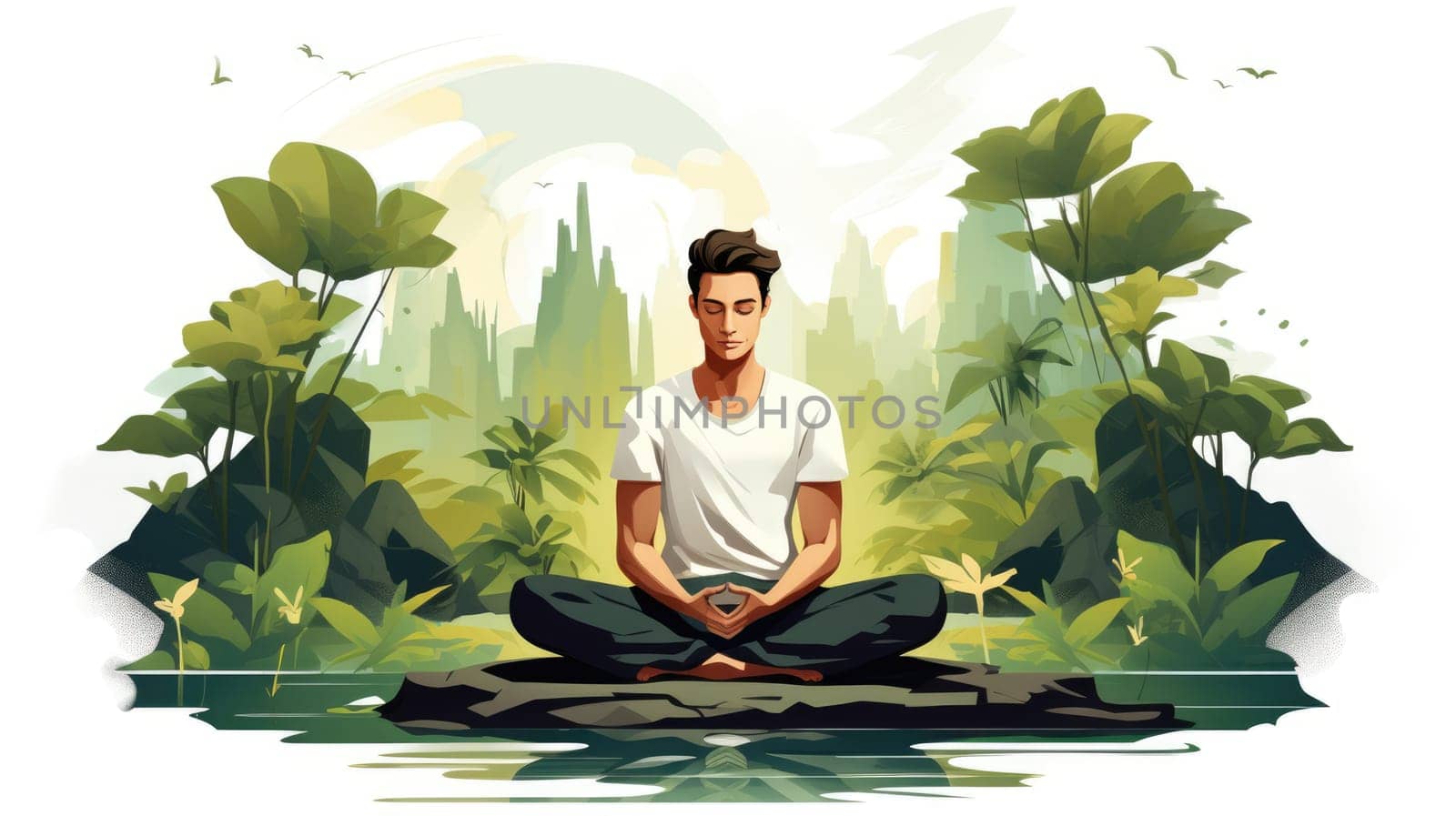 Meditation oasis cartoon illustration - Generative AI. Woman, yoga, lotus, plants. by simakovavector