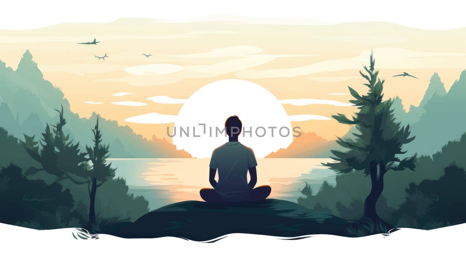 Mindful breathing cartoon illustration - AI generated. Man, yoga, sunset, lake, tree.