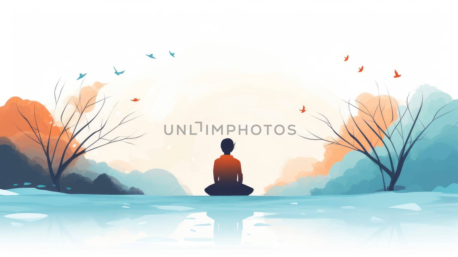 Mindful breathing cartoon illustration - AI generated. Man, yoga, sunset, lake, tree.