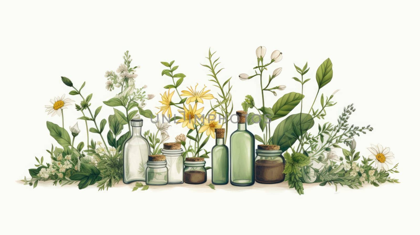 Natures pharmacy cartoon illustration - AI generated. Plants, bottle, flower, leaves.