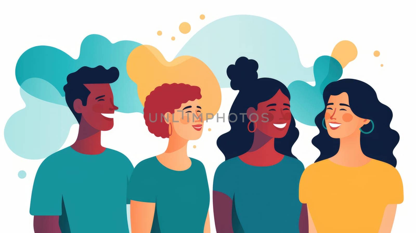 Positive affirmations cartoon illustration - AI generated. People, woman, man, smiling, colorful.