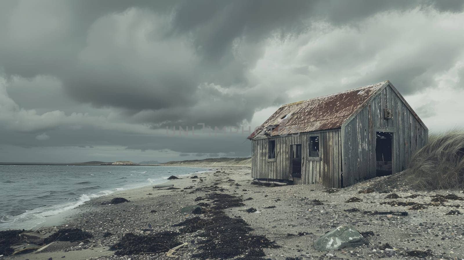 A small wooden house stands on a beach by the ocean under a cloudy sky, blending into the natural landscape with its rustic facade AIG50