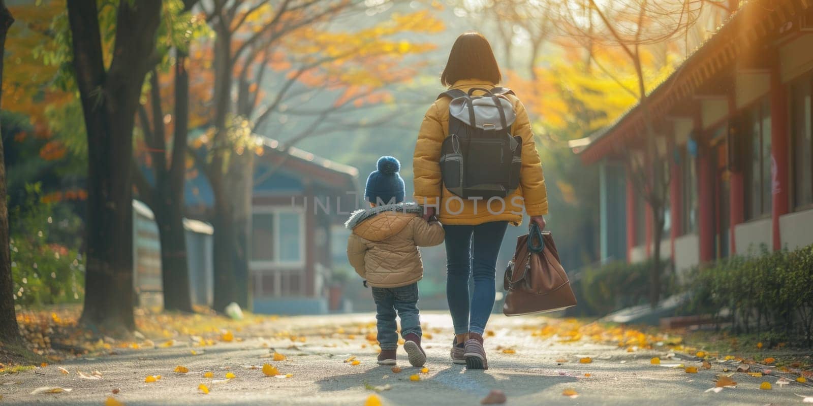 asian woman and her toddler walking to the kindergarten. ai generated