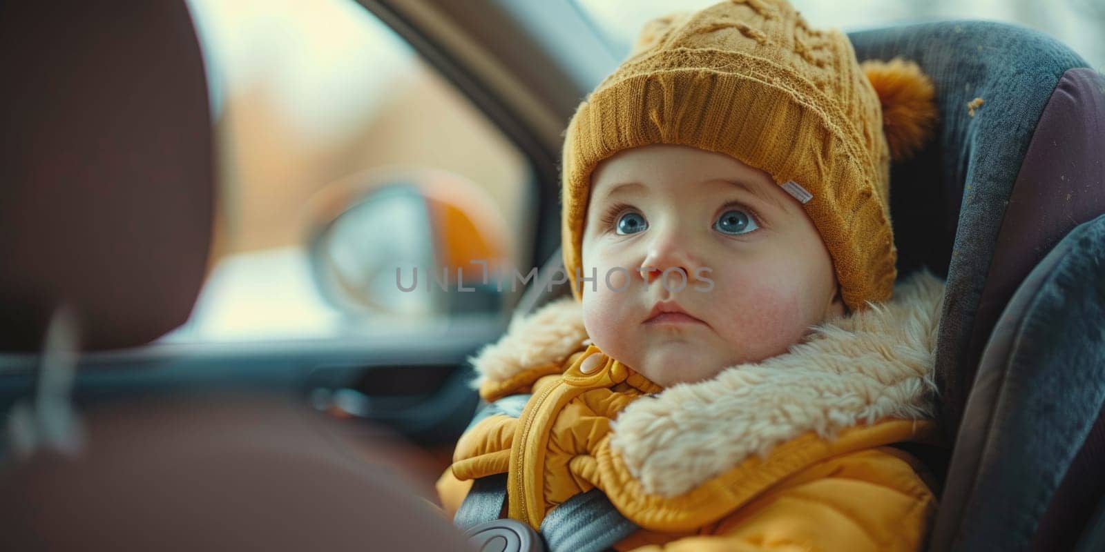 Little baby fastened with security belt in safety car seat. ai generated by Desperada