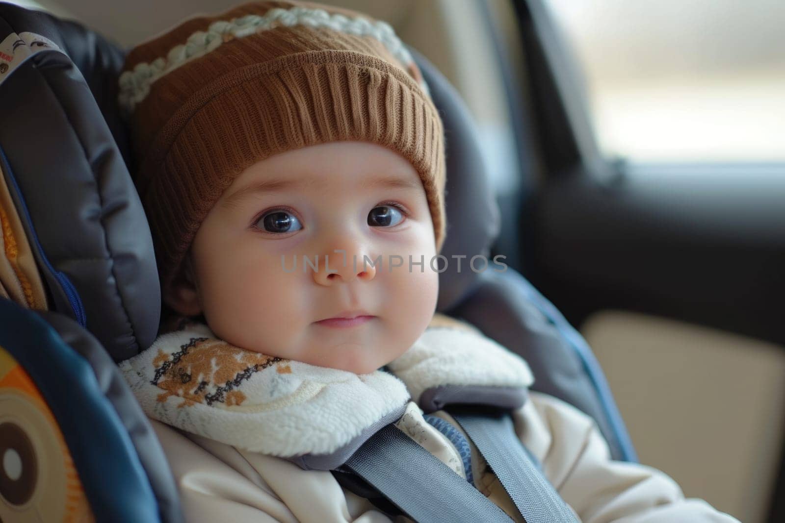 Little baby fastened with security belt in safety car seat. ai generated by Desperada