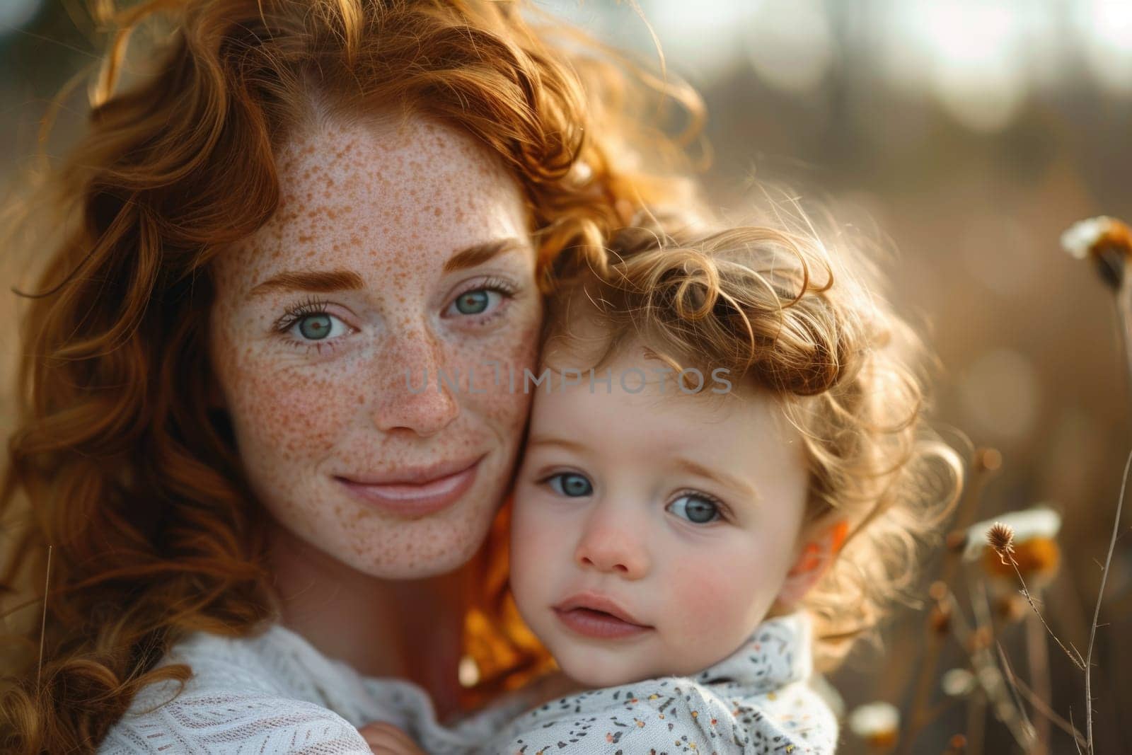 Happy young redhead mom hold in hands baby. ai generated by Desperada