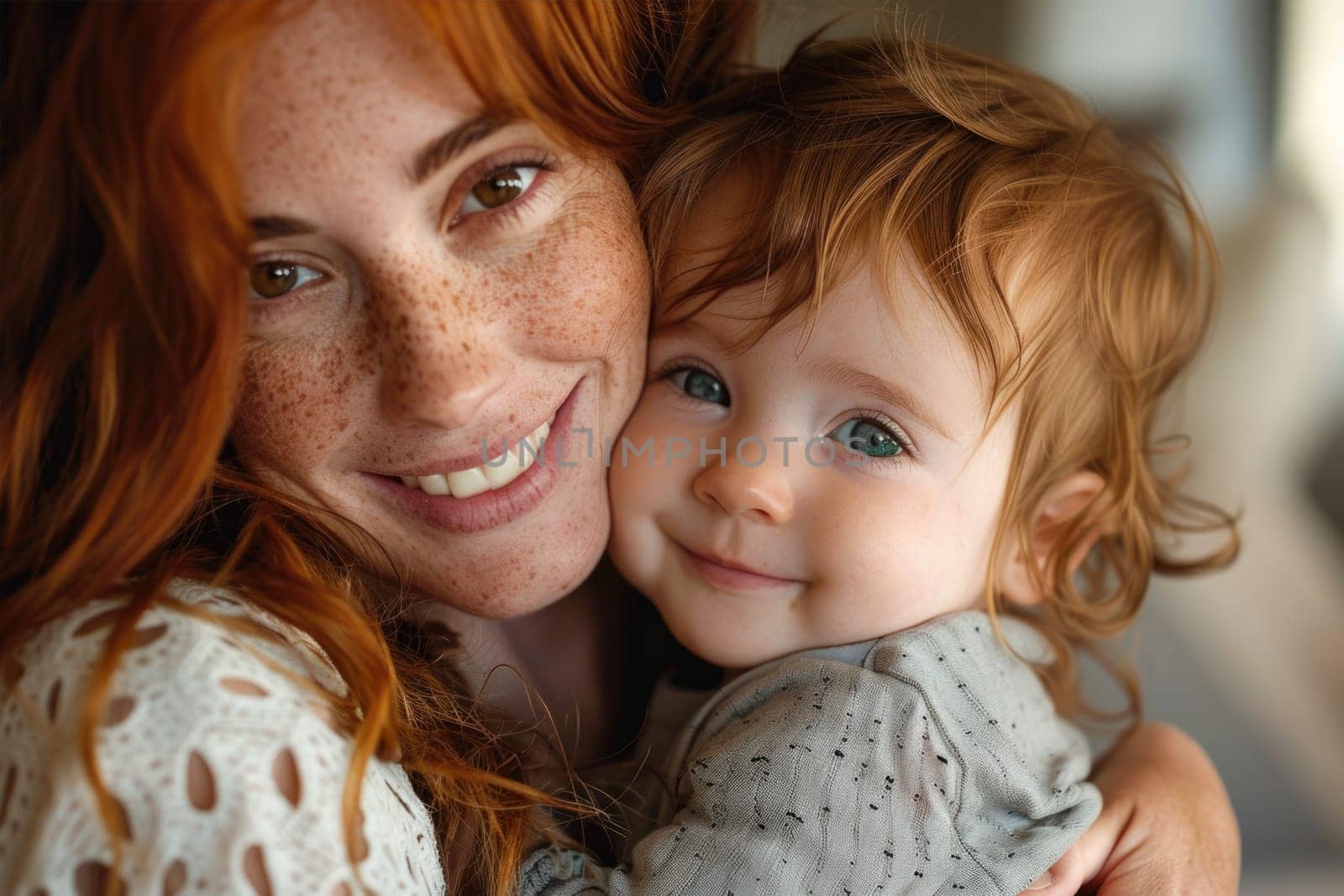 Happy young redhead mom hold in hands baby. ai generated by Desperada