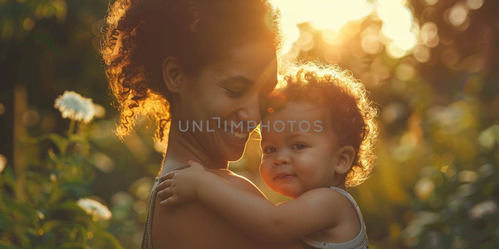 Happy young African American mom hold in hands hug cute little ethnic baby toddler show love care. Smiling biracial mother embrace cuddle small newborn infant child. Motherhood, childcare concept. ai generated