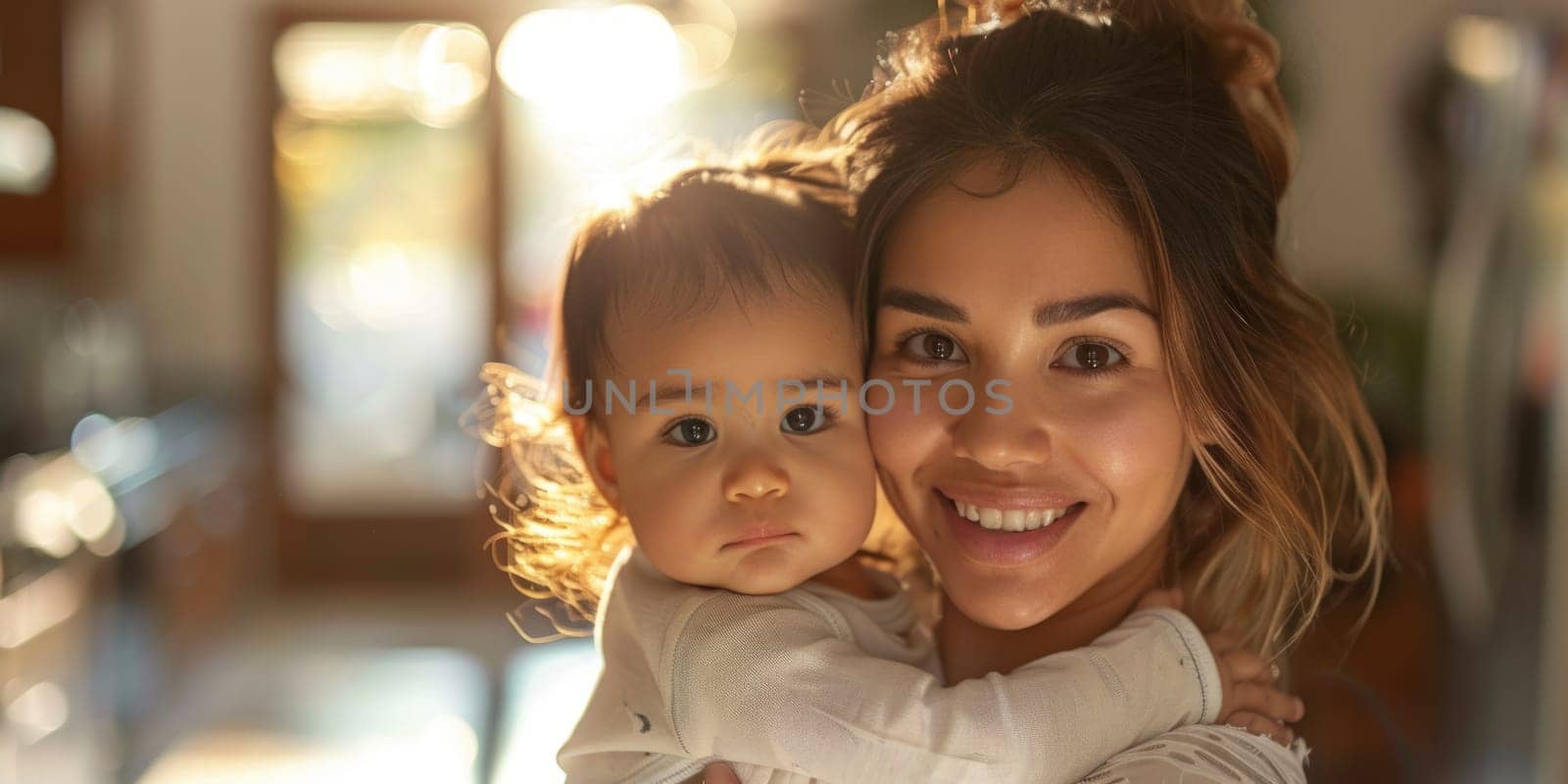 Happy young latin mom hold in hands baby. ai generated by Desperada