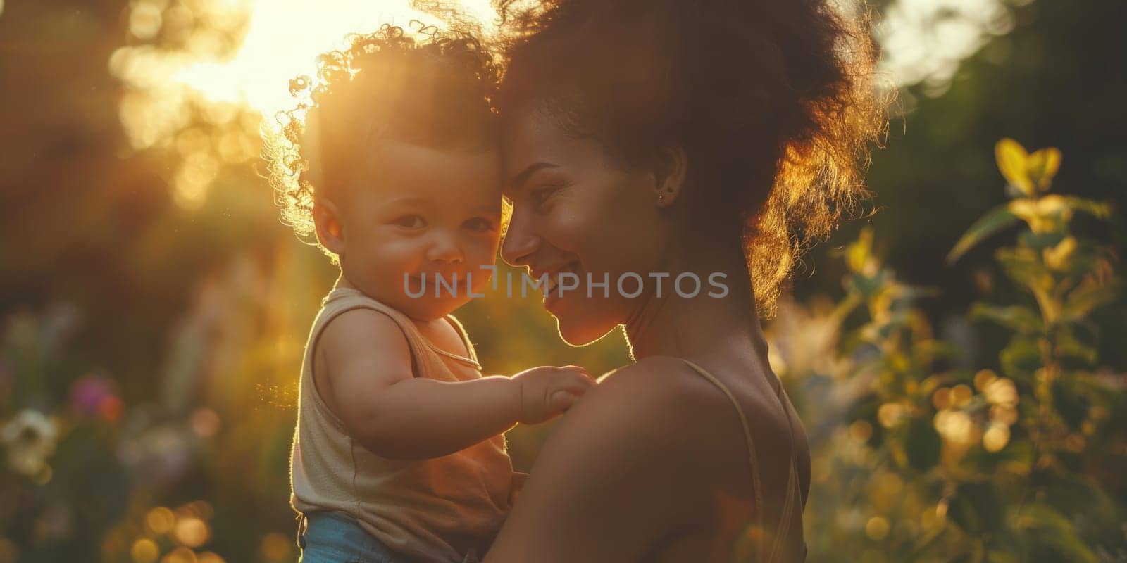 Happy young African American mom hold in hands hug cute little ethnic baby toddler show love care. Smiling biracial mother embrace cuddle small newborn infant child. Motherhood, childcare concept. ai generated