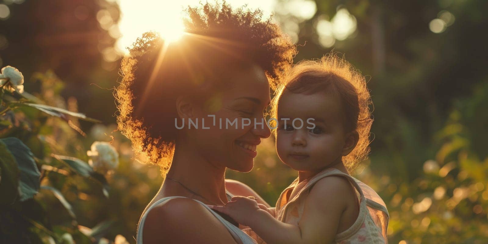 Happy young African American mom hold in hands hug cute little ethnic baby toddler show love care. Smiling biracial mother embrace cuddle small newborn infant child. Motherhood, childcare concept. ai generated
