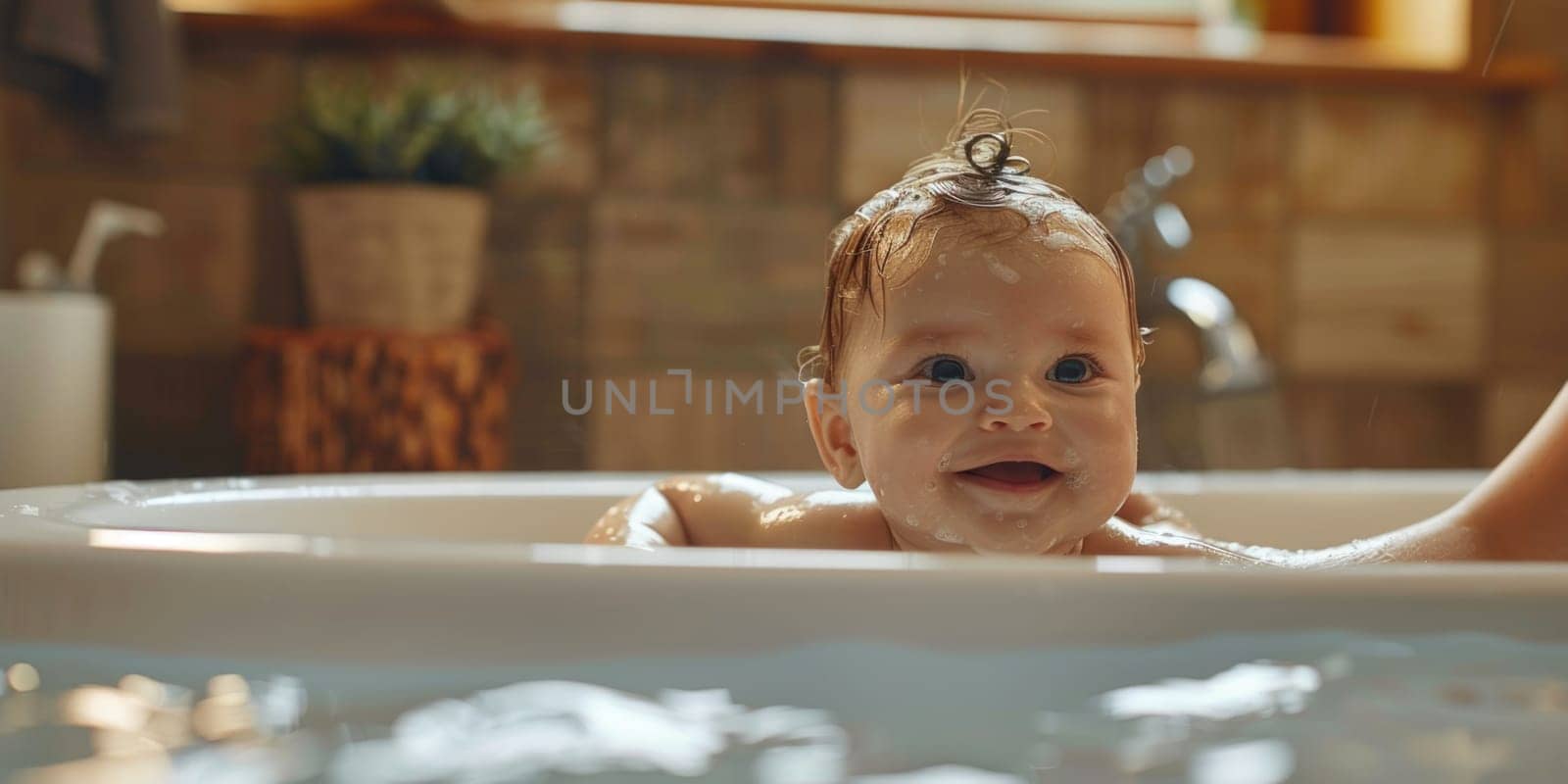Mother bathing her cute little baby at home. ai generated