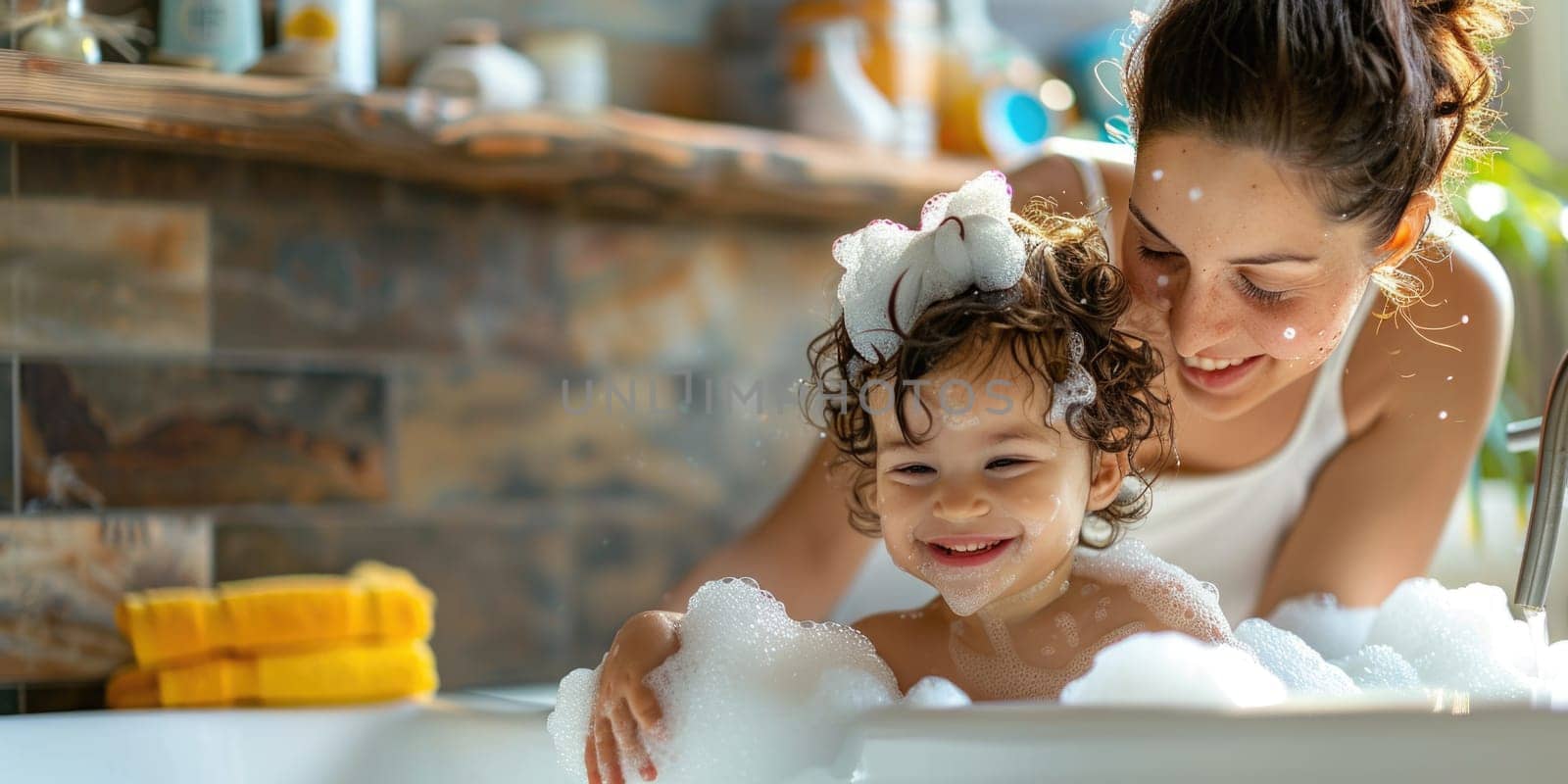 Mother bathing her cute little baby at home. ai generated