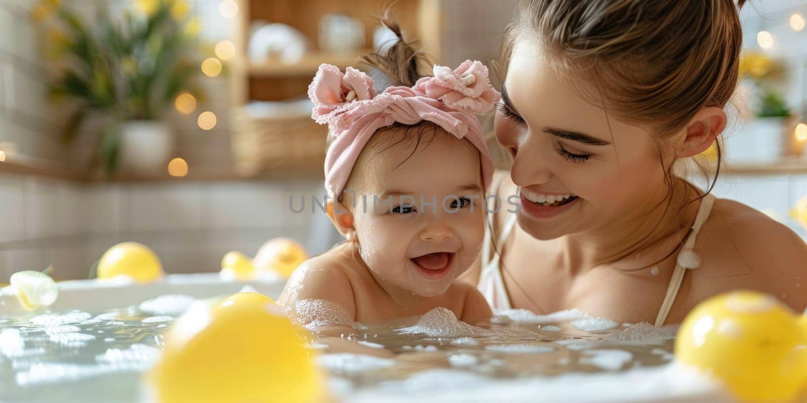 Mother bathing her cute little baby at home. ai generated by Desperada