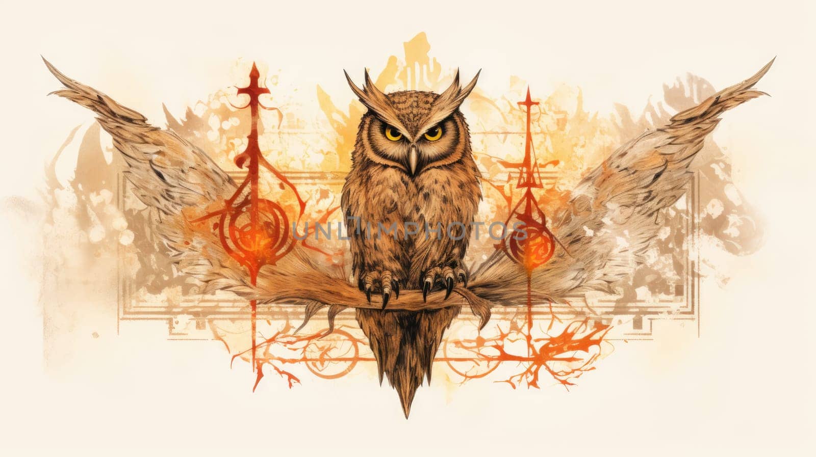 Arcane owl watercolor illustration - AI generated. Owl, eyes, curved, branch.