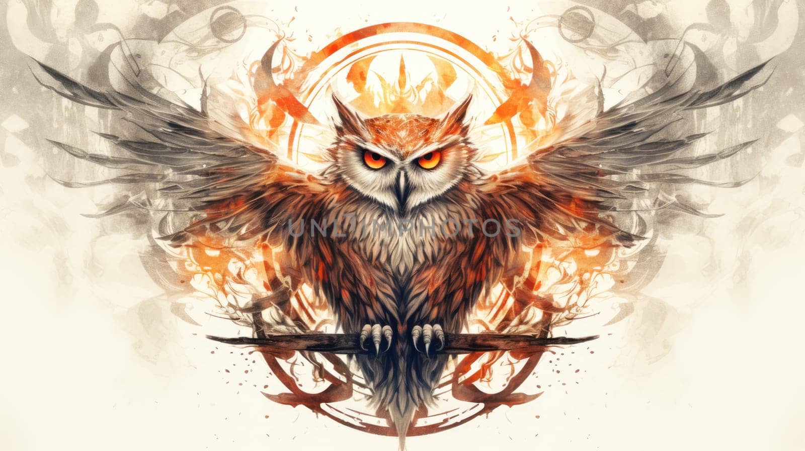 Arcane owl watercolor illustration - AI generated. Owl, eyes, curved, branch.