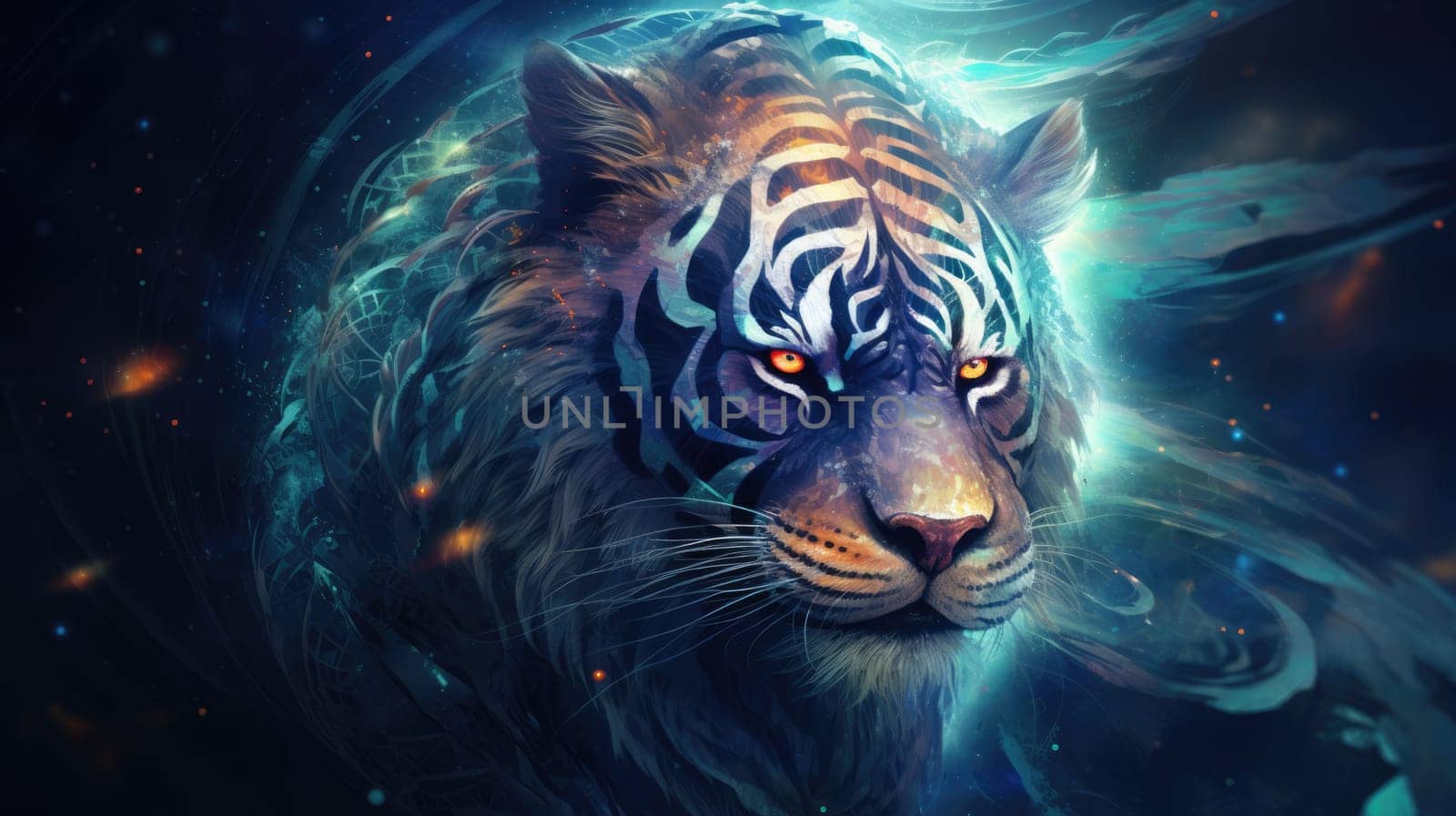 Astral tiger spirit watercolor illustration - AI generated. White, tiger, blue, eyes.