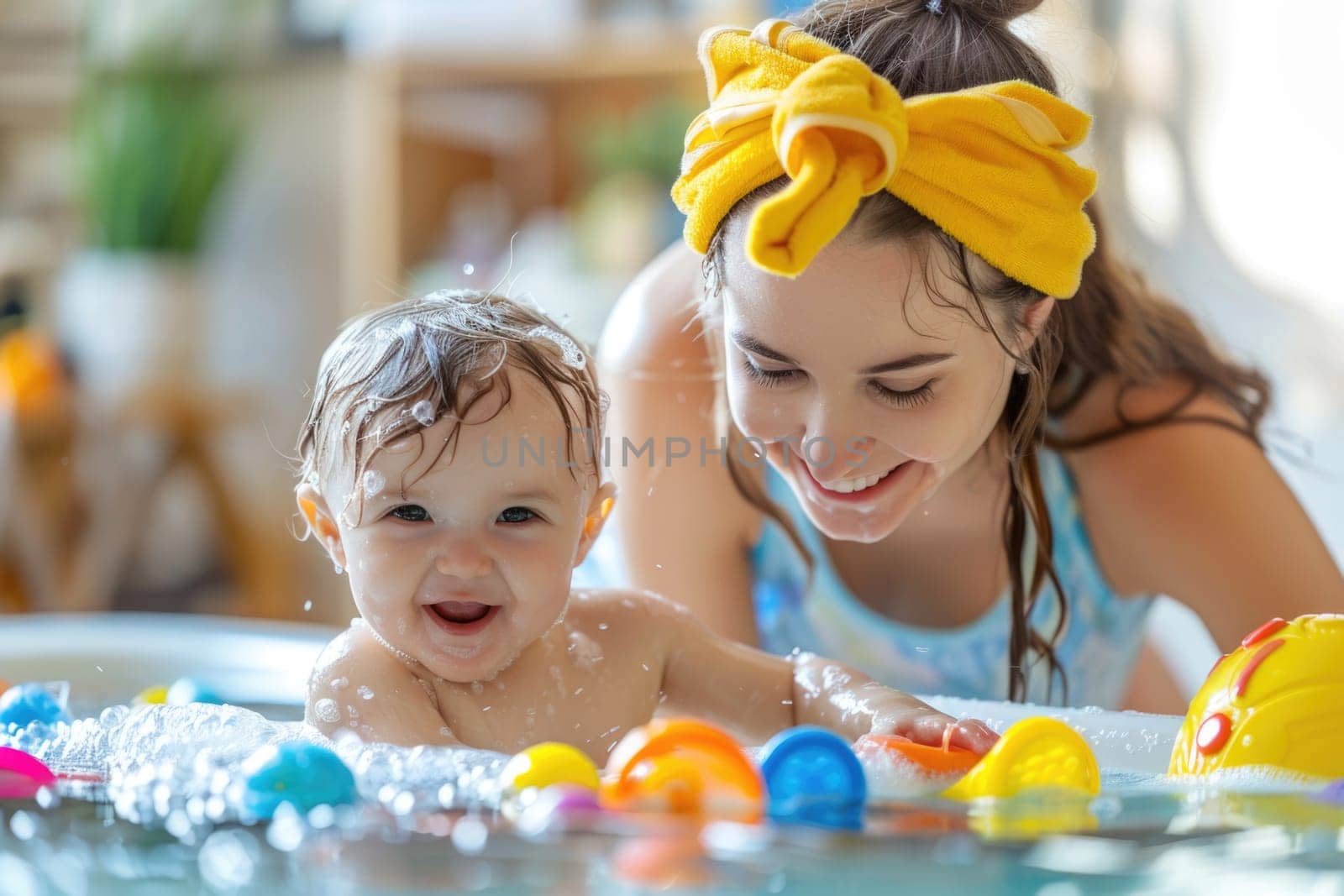 Mother bathing her cute little baby at home. ai generated by Desperada