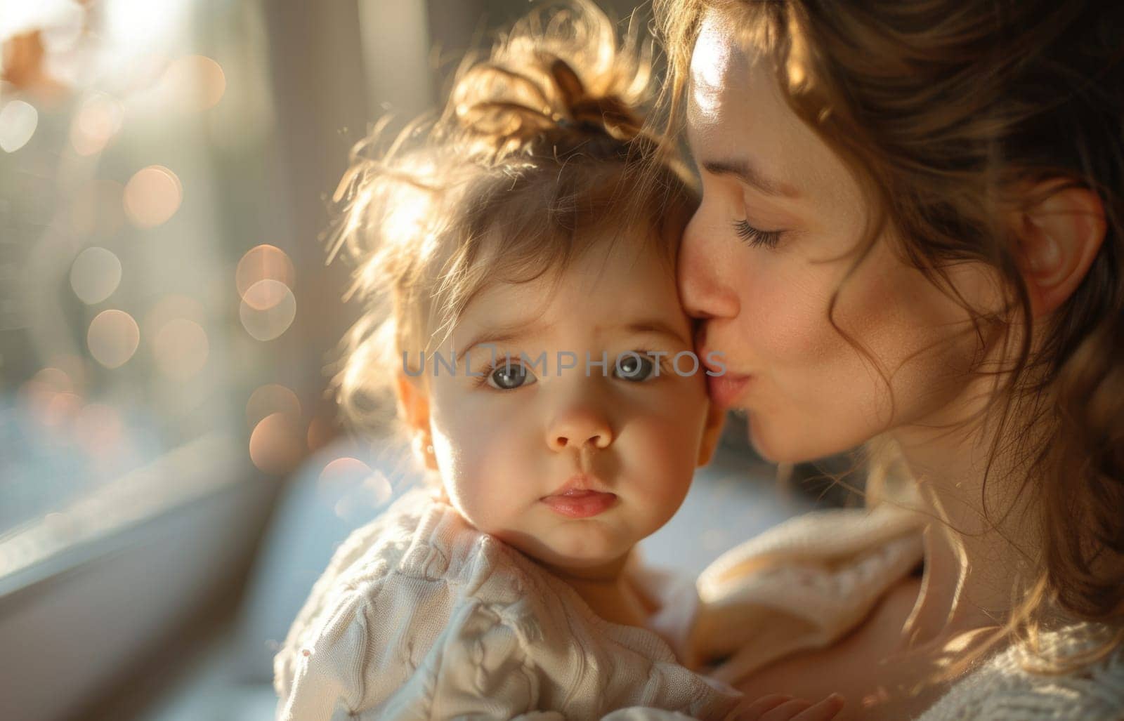 happy loving young mother kisses her toddler on the walk. ai generated