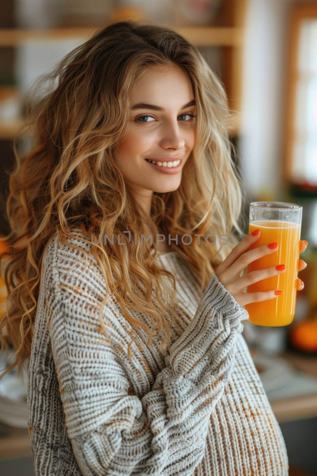 happy pregnant woman drinking green vegetable juice or smoothie at home. ai generated by Desperada