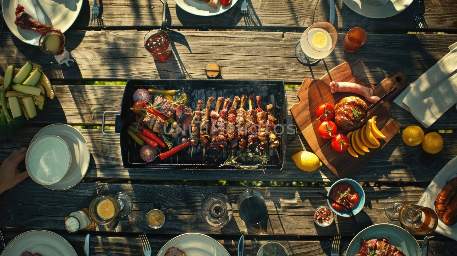 A rectangular wooden table adorned with plates of natural foods and a grill. The setting is perfect for a plantbased cuisine event, where guests can enjoy art, games, and fresh fruit AIG50