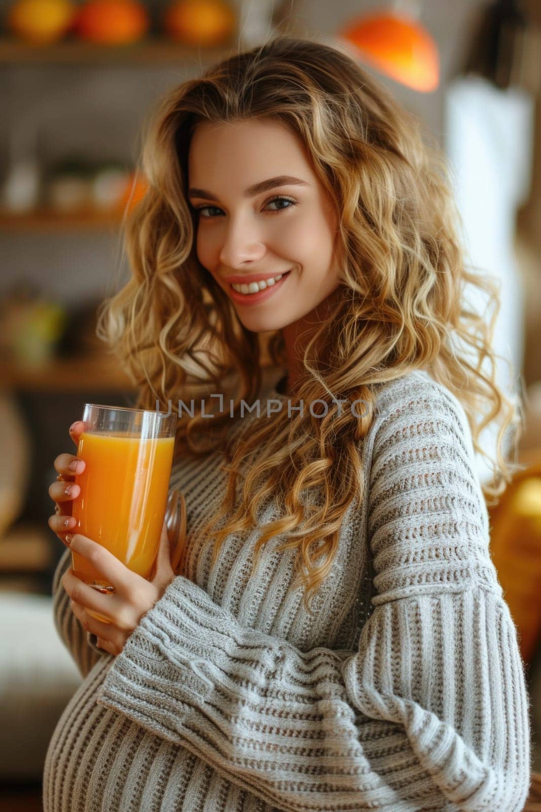 happy pregnant woman drinking green vegetable juice or smoothie at home. ai generated