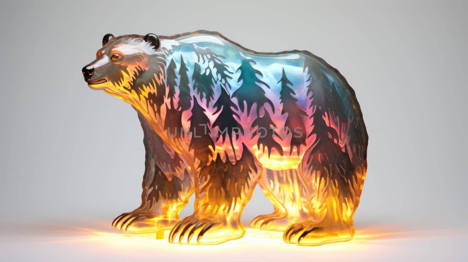 Aurora bear watercolor illustration - Generative AI. Big, bear, tree, pines. by simakovavector