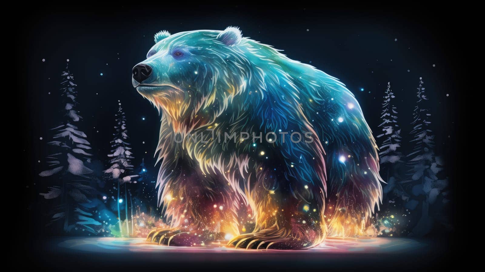 Aurora bear watercolor illustration - AI generated. Big, bear, tree, pines.