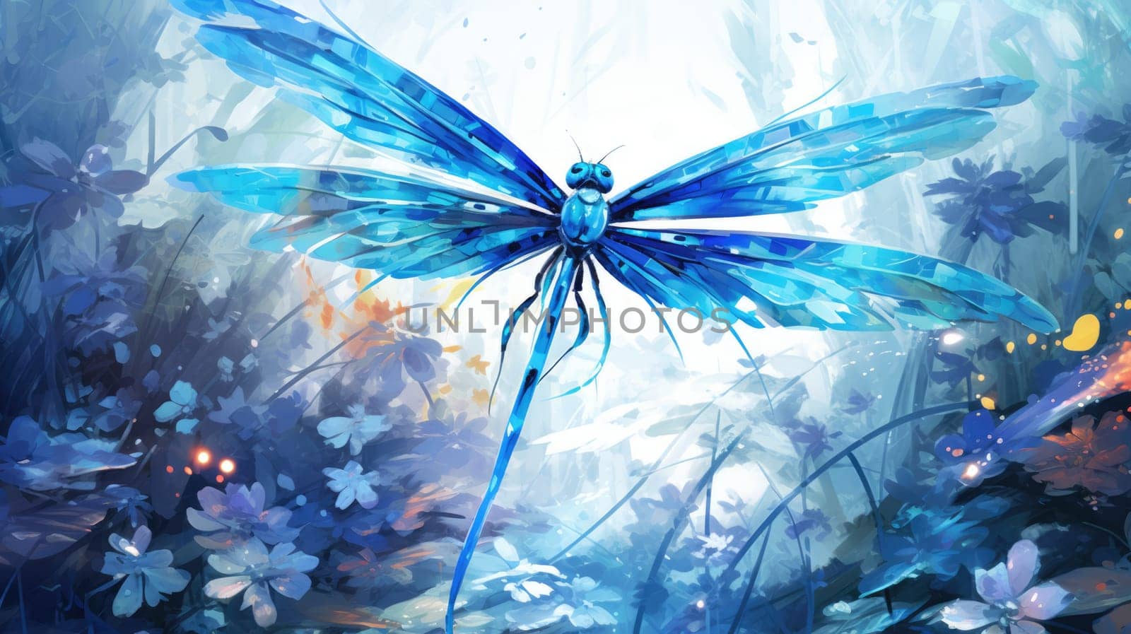Cerulean Dragonfly watercolor illustration - Generative AI. Blue, dragonfly, wings, flowers. by simakovavector