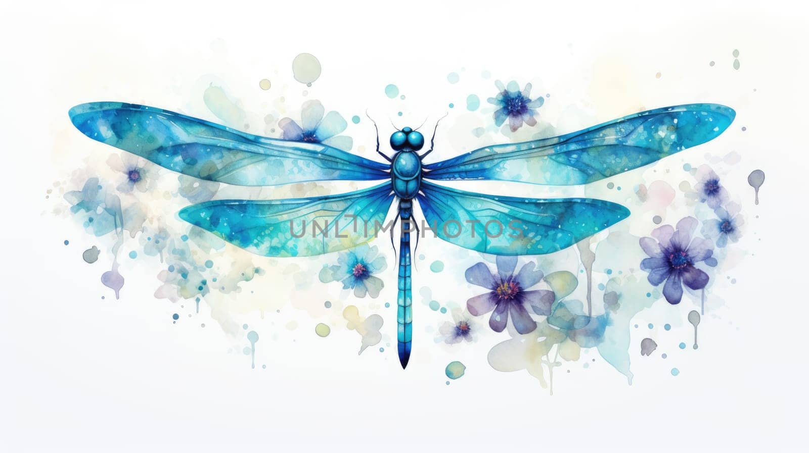 Cerulean Dragonfly watercolor illustration - Generative AI. Blue, dragonfly, wings, flowers. by simakovavector