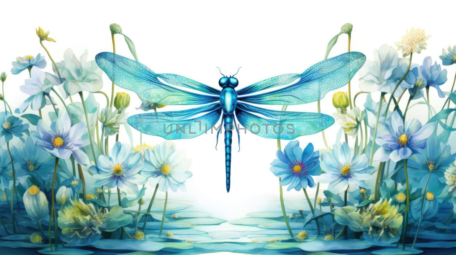 Cerulean Dragonfly watercolor illustration - AI generated. Blue, dragonfly, wings, flowers.