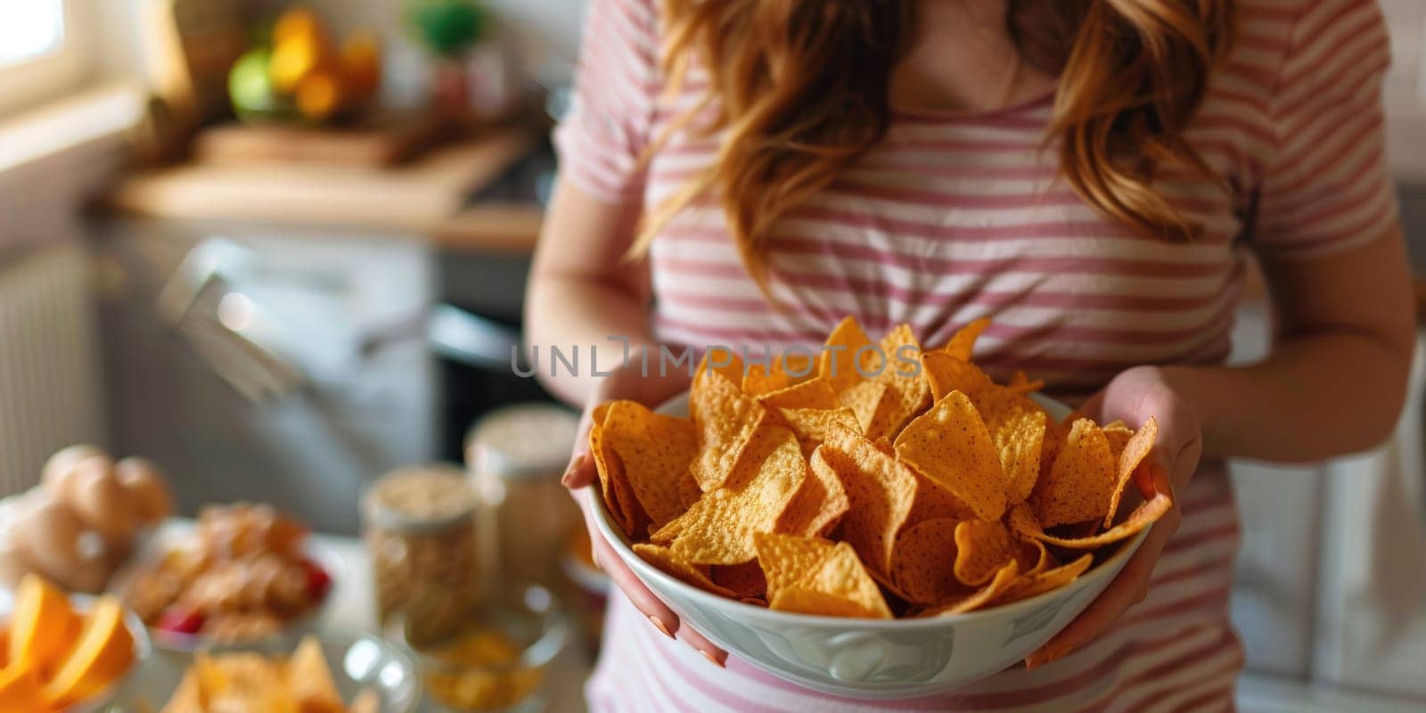 Pregnant woman sitting on the sofa enjoys eating potato chips from a bowl at home. ai generated by Desperada
