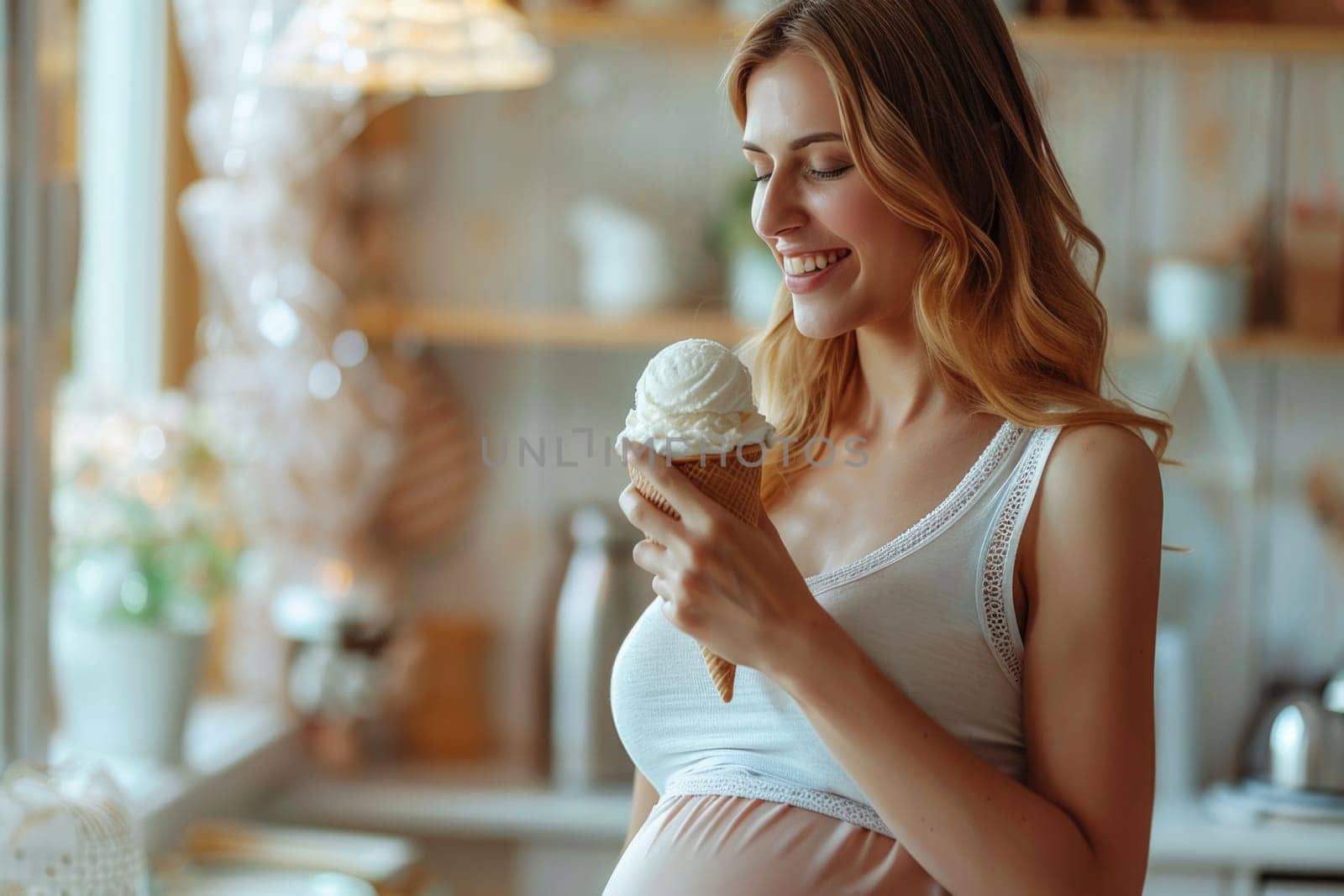 pregnant young woman eating ice cream cone. ai generated
