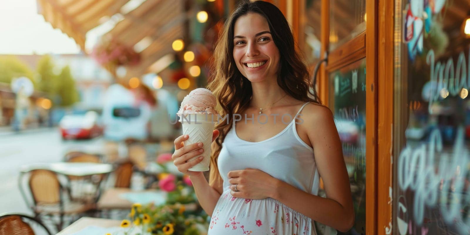pregnant young woman eating ice cream cone. ai generated