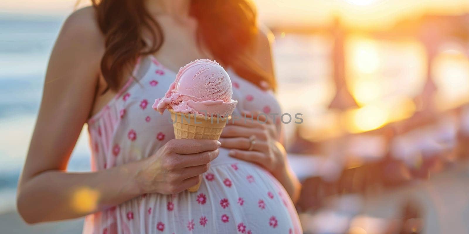 pregnant young woman eating ice cream cone. ai generated by Desperada