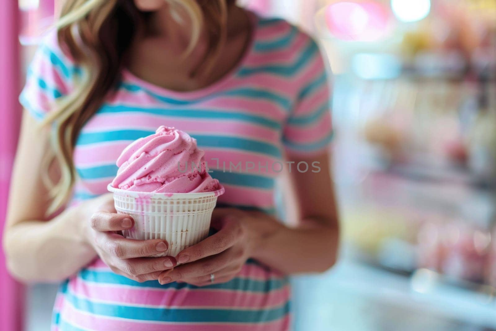 pregnant young woman eating ice cream cone. ai generated by Desperada