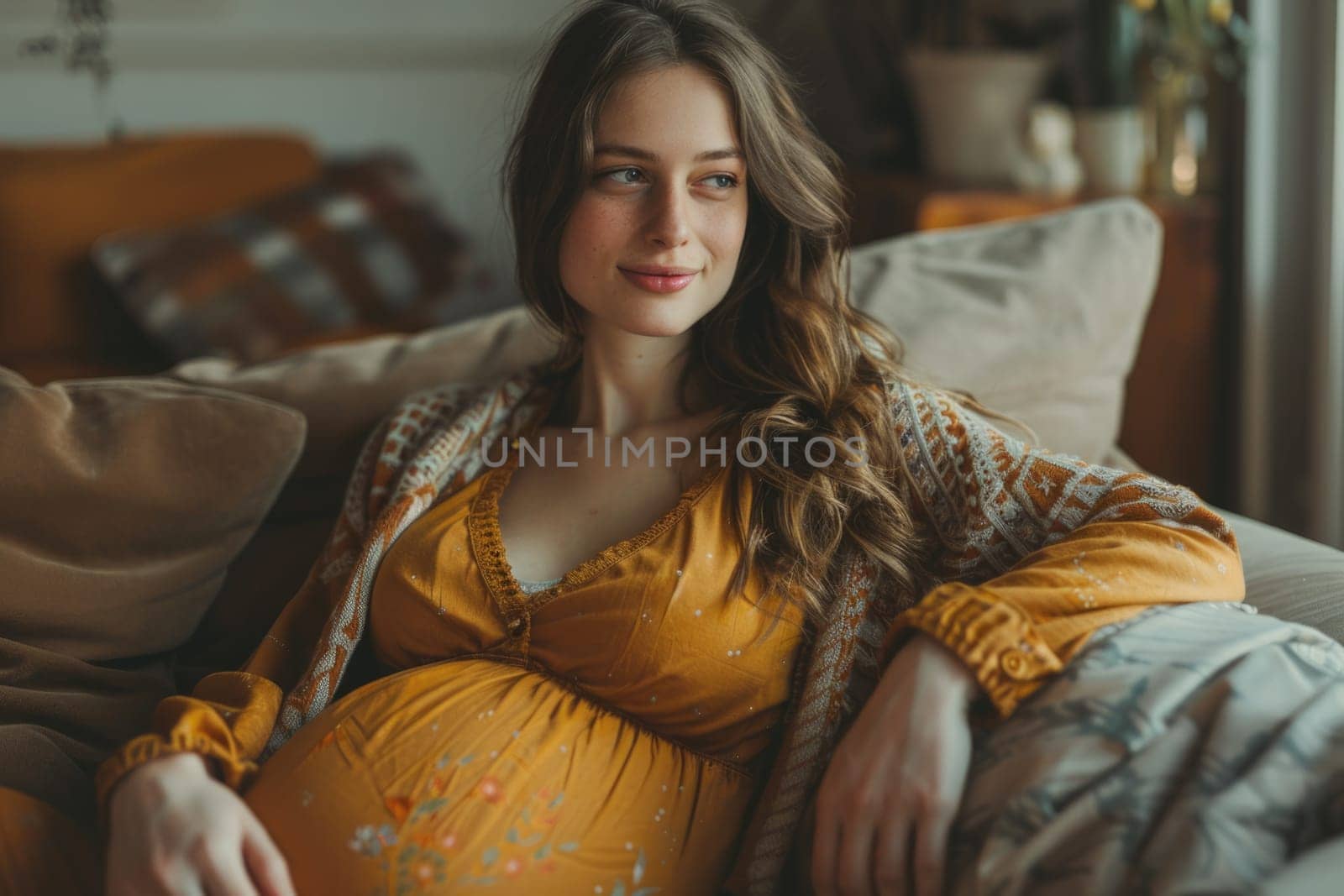 Young Pregnant woman holding belly. ai generated