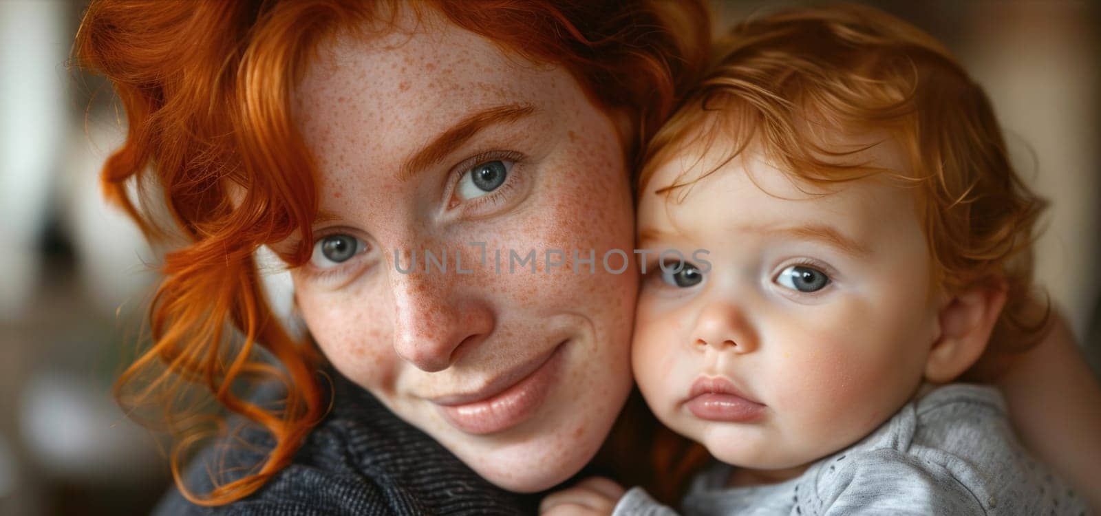 Happy young redhead mom hold in hands baby. ai generated by Desperada