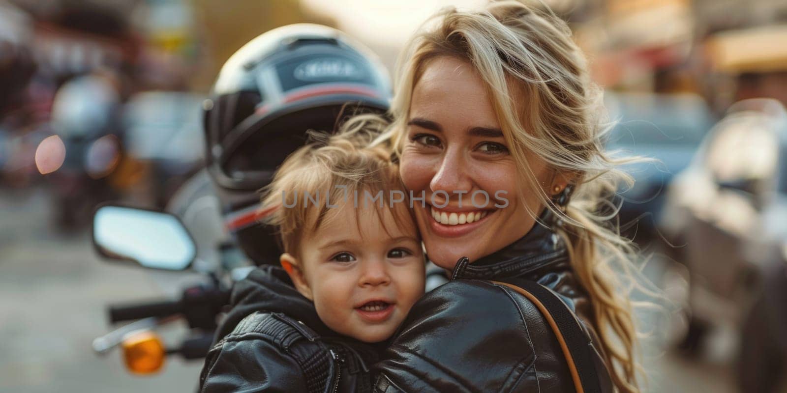 smiling woman wearing leather jacket and her toddler , motorbike in the background. ai generated by Desperada