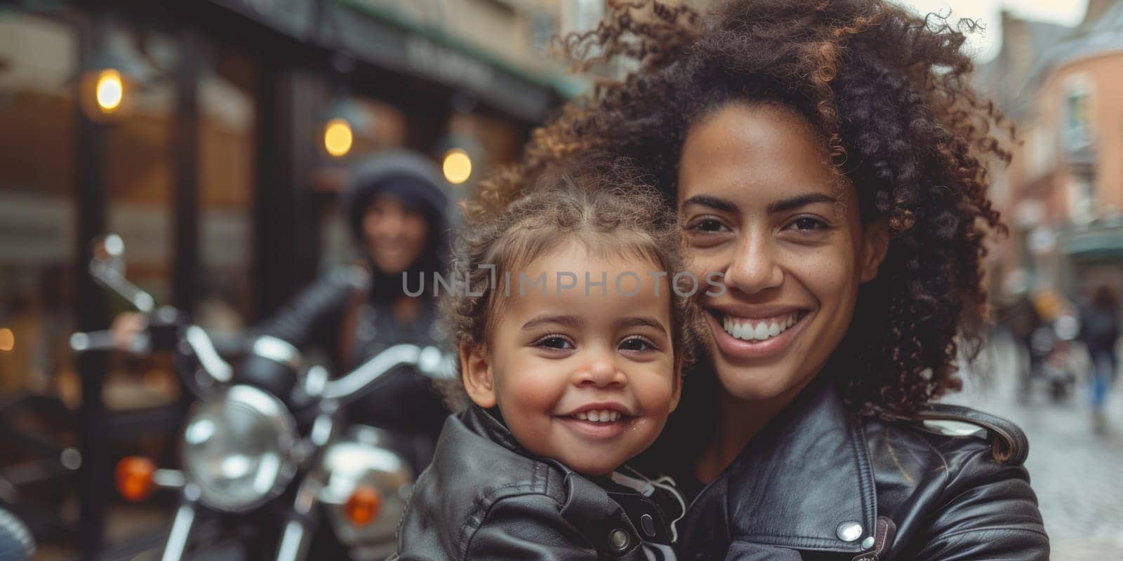 smiling woman wearing leather jacket and her toddler , motorbike in the background. ai generated