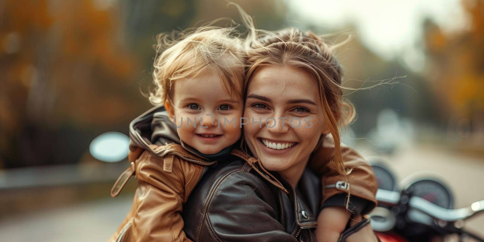 smiling woman wearing leather jacket and her toddler , motorbike in the background. ai generated by Desperada