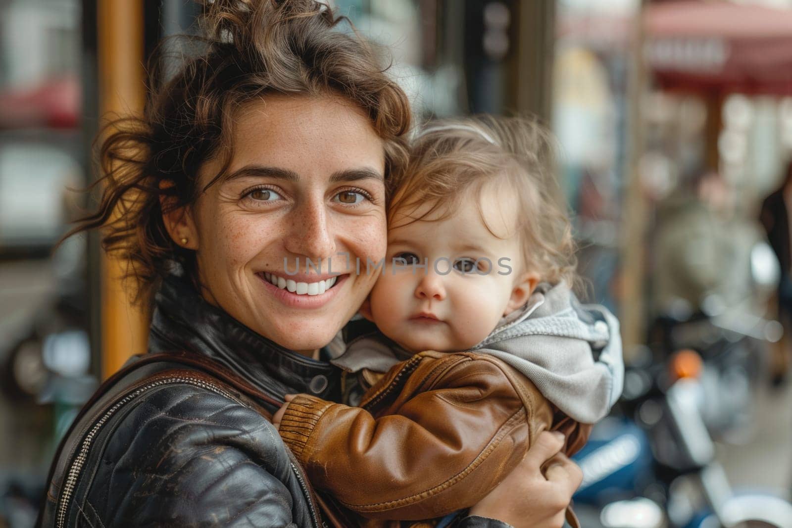 smiling woman wearing leather jacket and her toddler , motorbike in the background. ai generated by Desperada