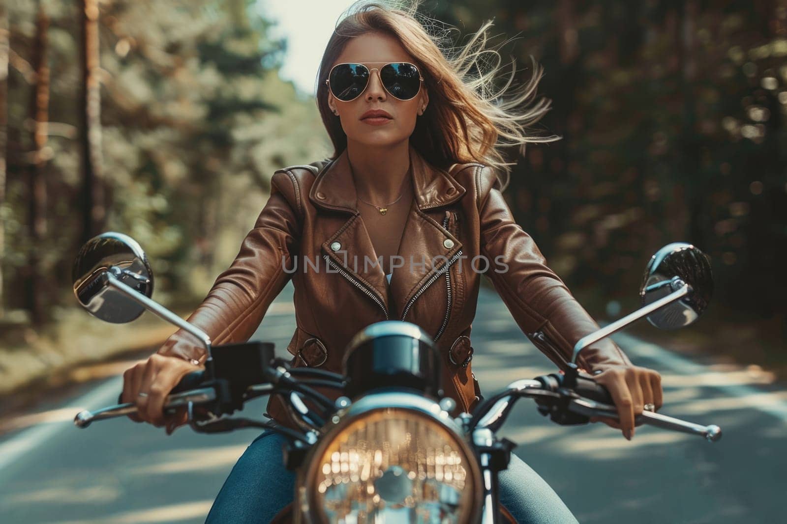 Girl motorcyclist in a black jacket and gloves. ai generated by Desperada