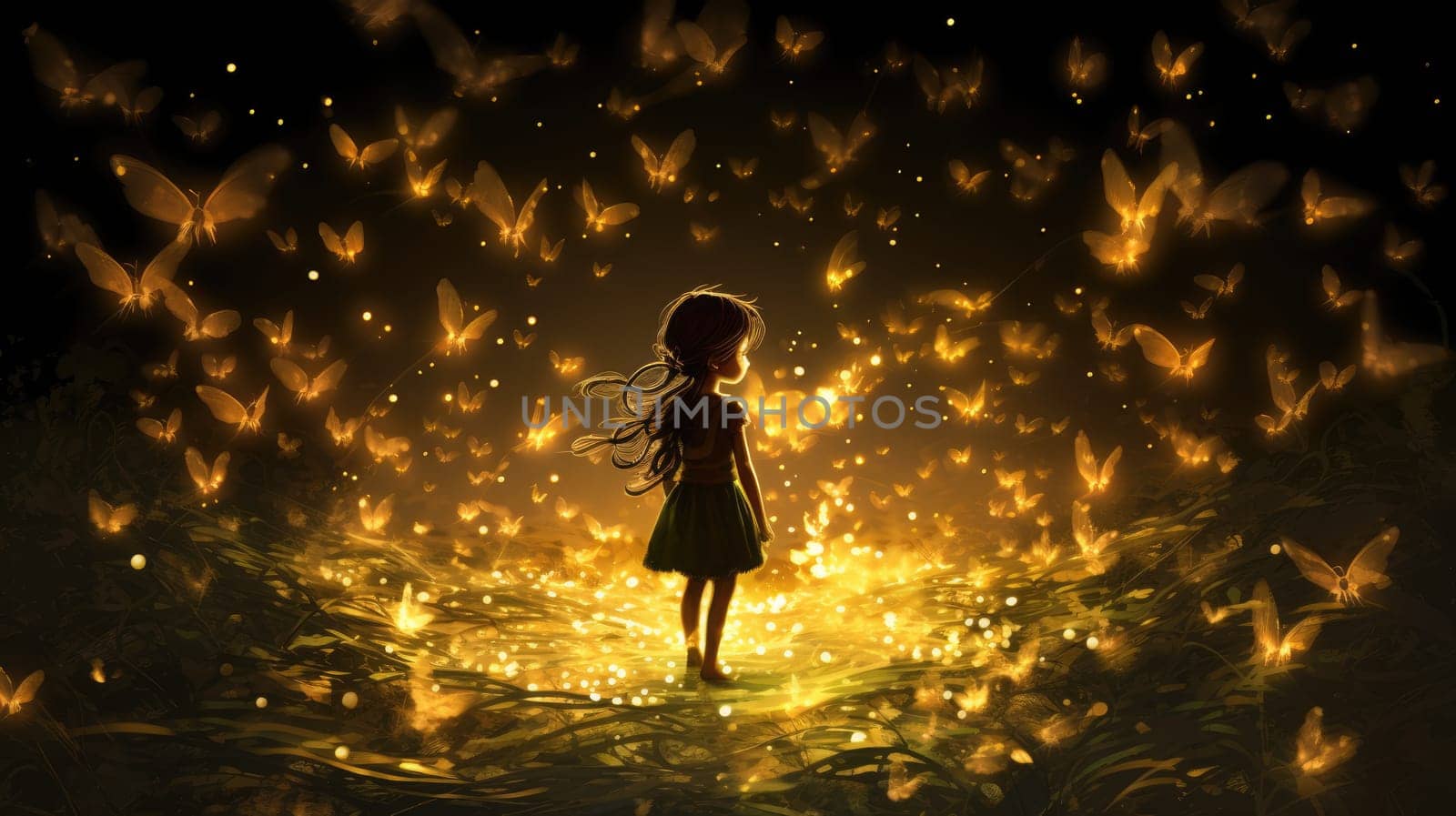 Firefly swarm pixie watercolor illustration - Generative AI. Little, girl, pixie, fly, light. by simakovavector