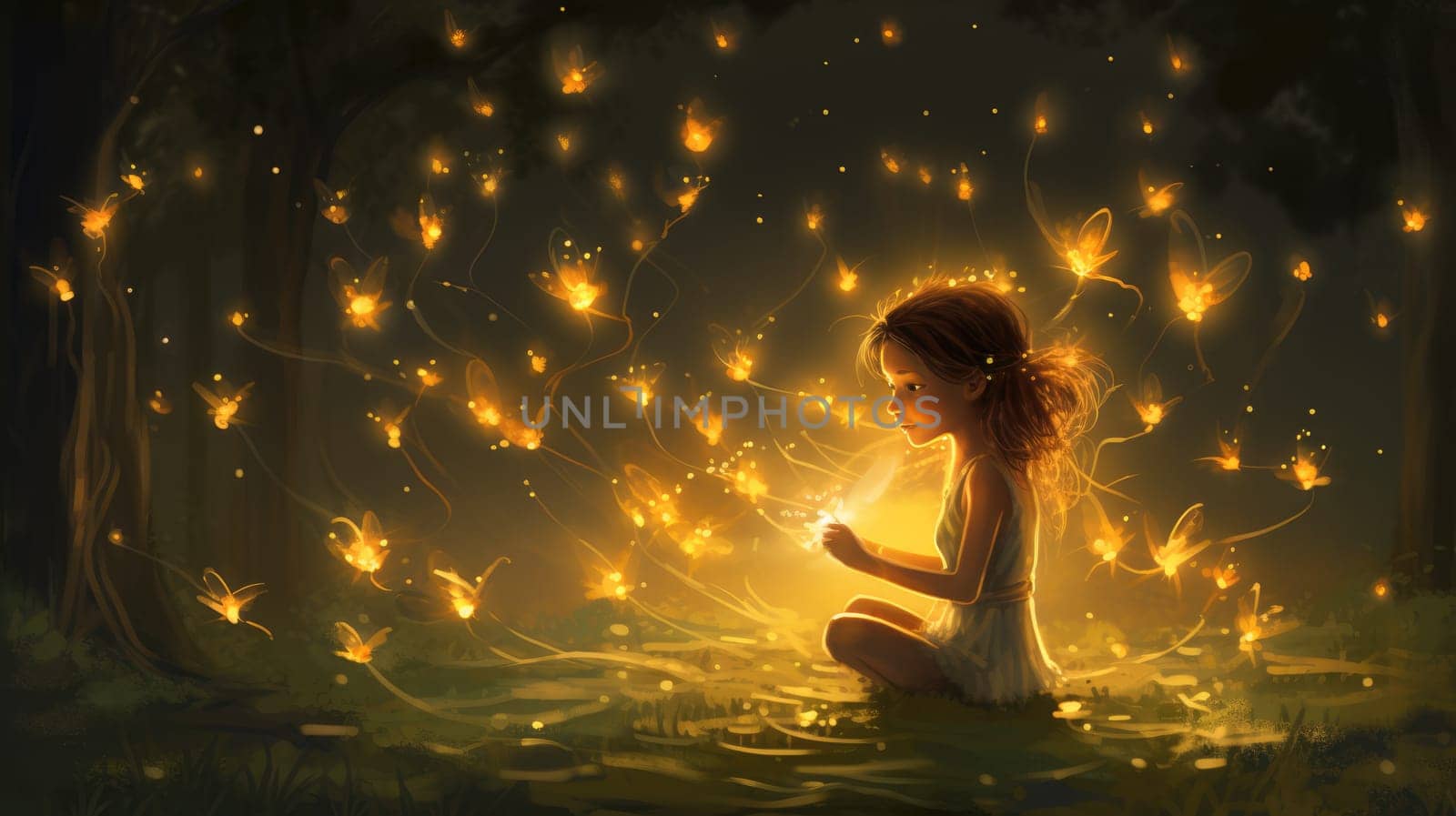 Firefly swarm pixie watercolor illustration - AI generated. Little, girl, pixie, fly, light.